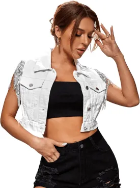 SweatyRocks Women's Fringe Button Down Crop Denim Jacket Sleeveless Collared Jean Coats