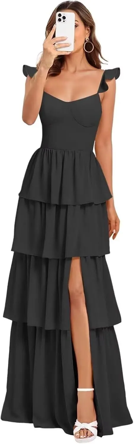 Tiered Chiffon Bridesmaid Dress Ruffle Prom Dresses for Women A Line Formal Evening Gown with Slit