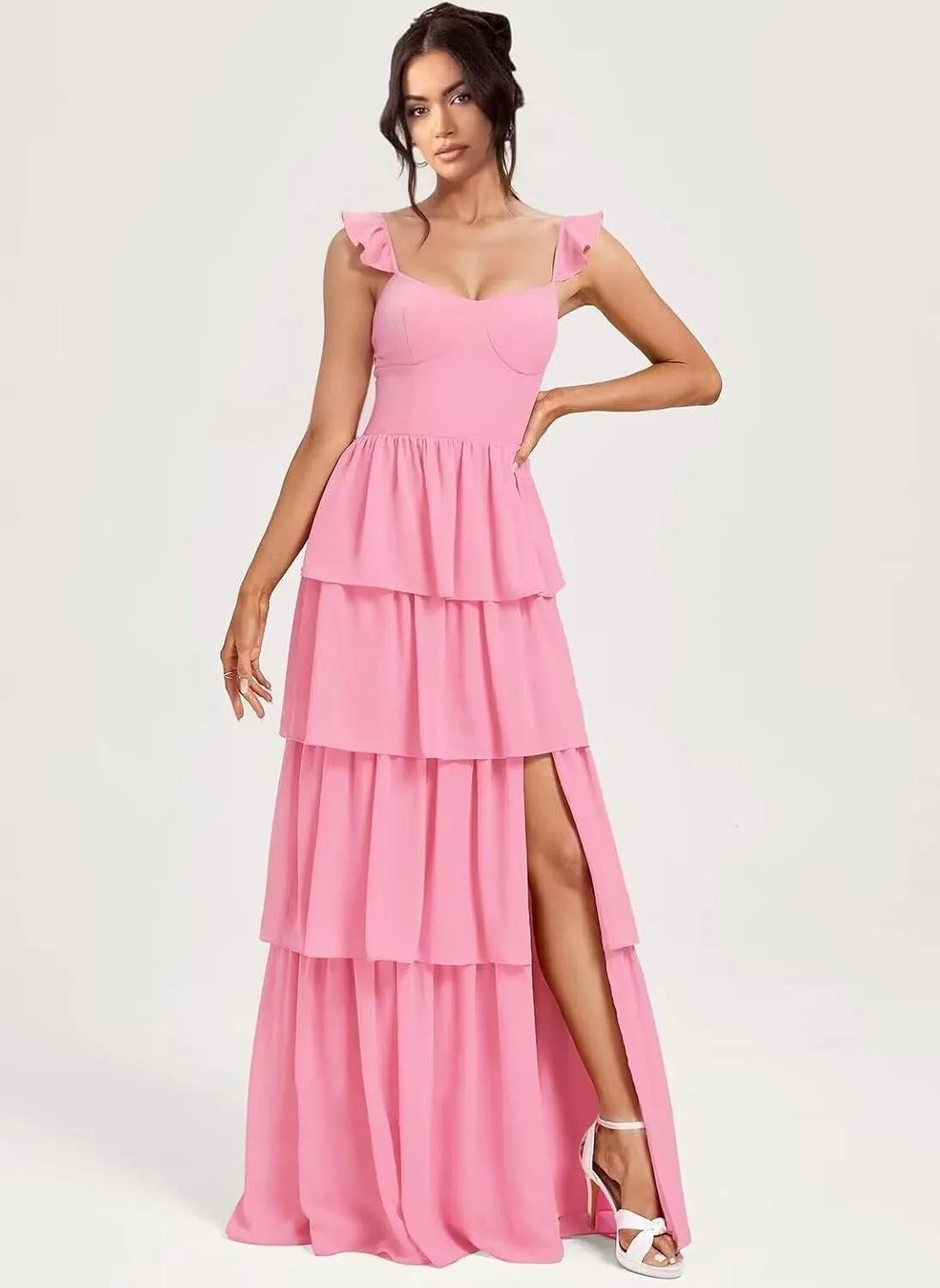 Tiered Chiffon Bridesmaid Dress Ruffle Prom Dresses for Women A Line Formal Evening Gown with Slit