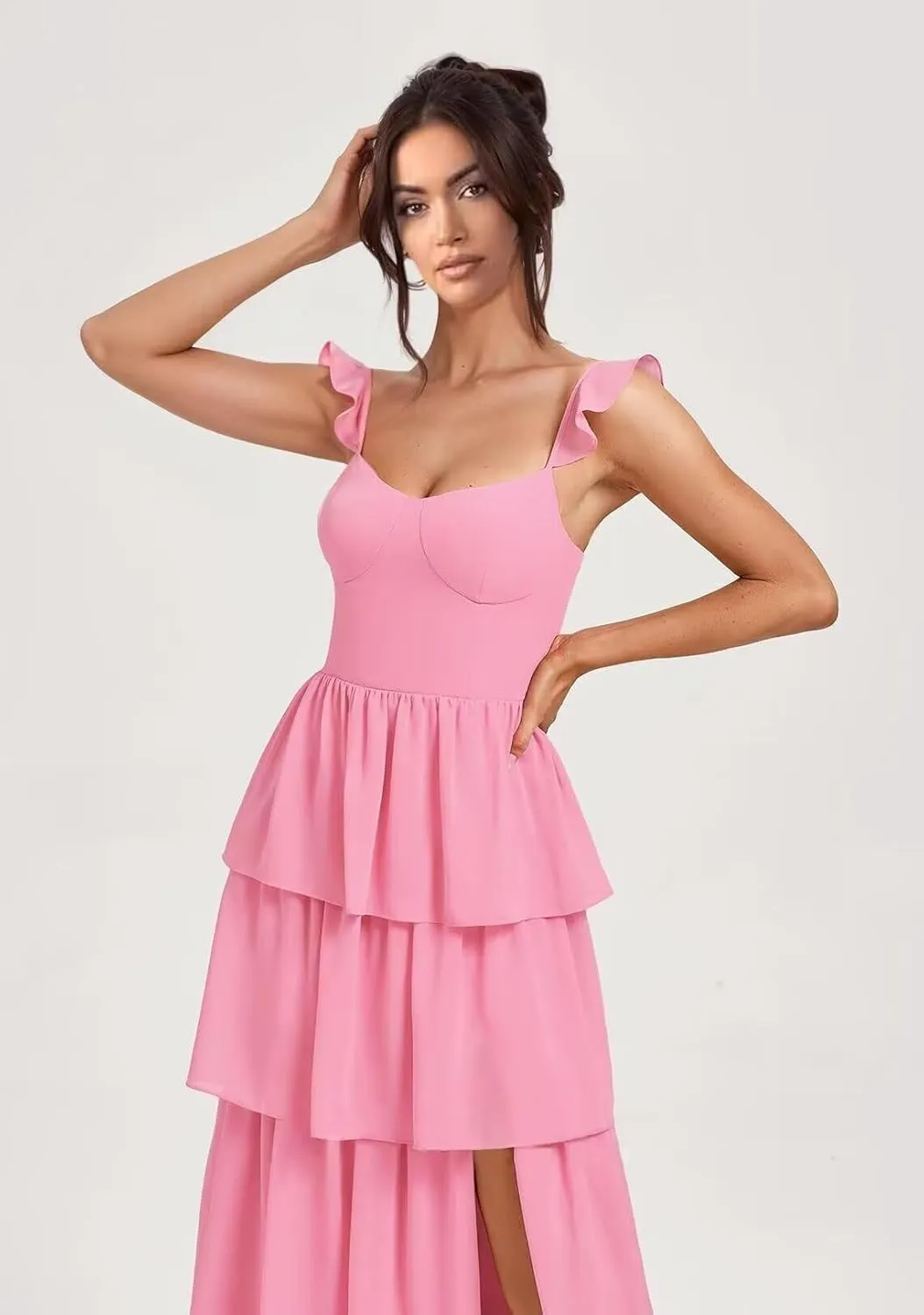 Tiered Chiffon Bridesmaid Dress Ruffle Prom Dresses for Women A Line Formal Evening Gown with Slit