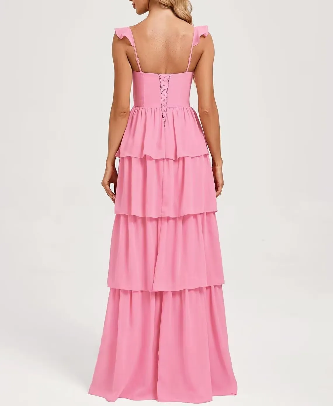 Tiered Chiffon Bridesmaid Dress Ruffle Prom Dresses for Women A Line Formal Evening Gown with Slit