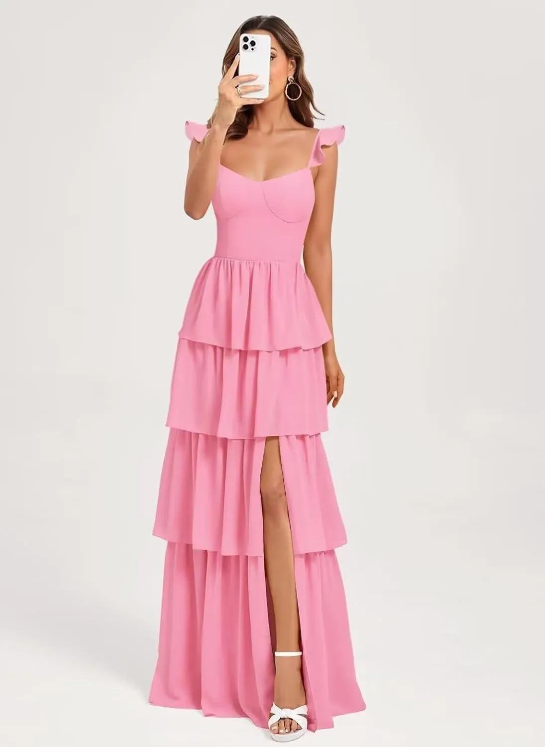 Tiered Chiffon Bridesmaid Dress Ruffle Prom Dresses for Women A Line Formal Evening Gown with Slit