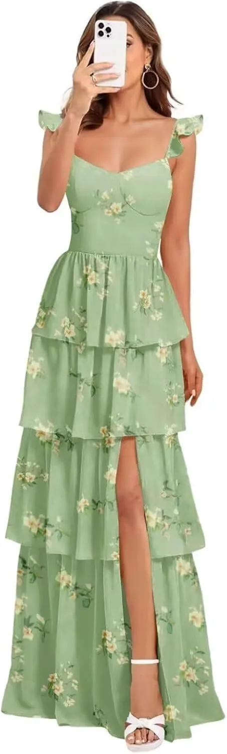 Tiered Chiffon Bridesmaid Dress Ruffle Prom Dresses for Women A Line Formal Evening Gown with Slit
