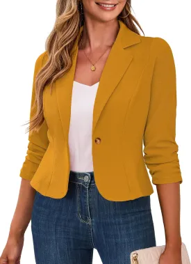 Traleubie Women's Cropped Blazers 3/4 Ruched Sleeve Lightweight Office Wear Short Blazer with Button, S-XL