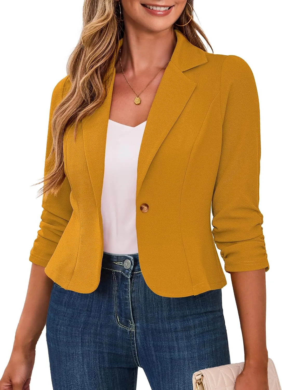 Traleubie Women's Cropped Blazers 3/4 Ruched Sleeve Lightweight Office Wear Short Blazer with Button, S-XL