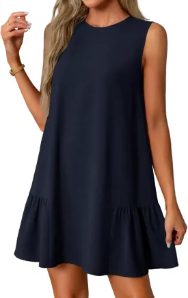 Tshirt Dress Women Summer Sleeveless Ruffle Hem Mini Dress Casual Crewneck T Shirt Dresses Plain Sundresses 2025