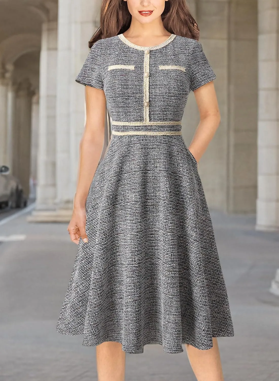 VFSHOW Womens Button Pockets Slim Wear to Work Office Business Party Patchwork A-Line Dress