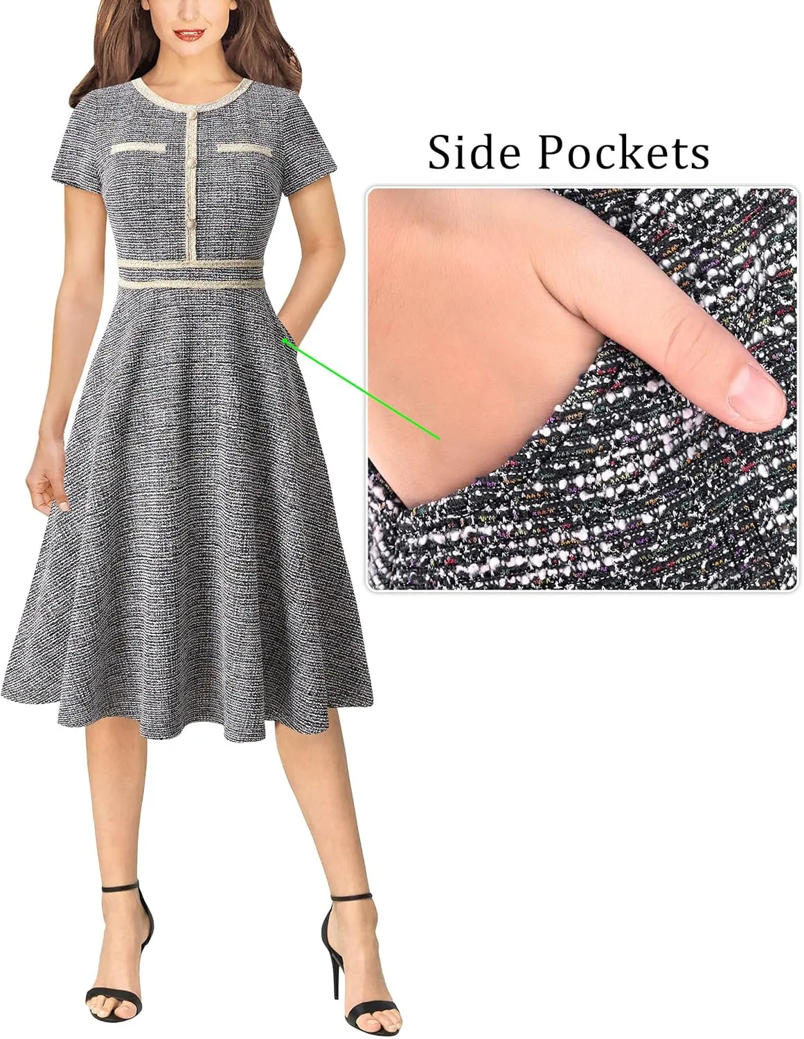 VFSHOW Womens Button Pockets Slim Wear to Work Office Business Party Patchwork A-Line Dress
