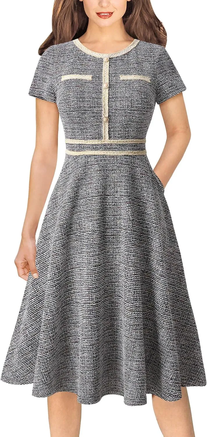 VFSHOW Womens Button Pockets Slim Wear to Work Office Business Party Patchwork A-Line Dress