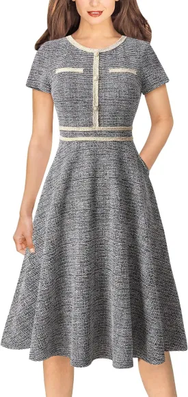 VFSHOW Womens Button Pockets Slim Wear to Work Office Business Party Patchwork A-Line Dress