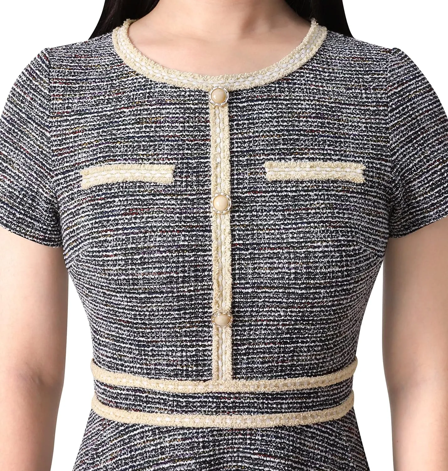 VFSHOW Womens Button Pockets Slim Wear to Work Office Business Party Patchwork A-Line Dress