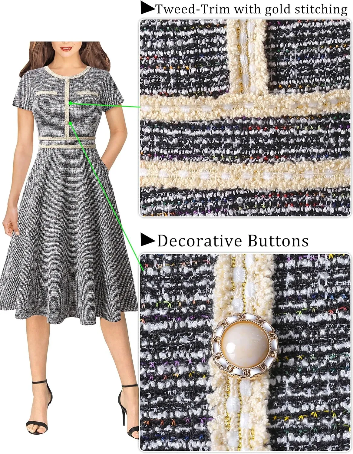 VFSHOW Womens Button Pockets Slim Wear to Work Office Business Party Patchwork A-Line Dress