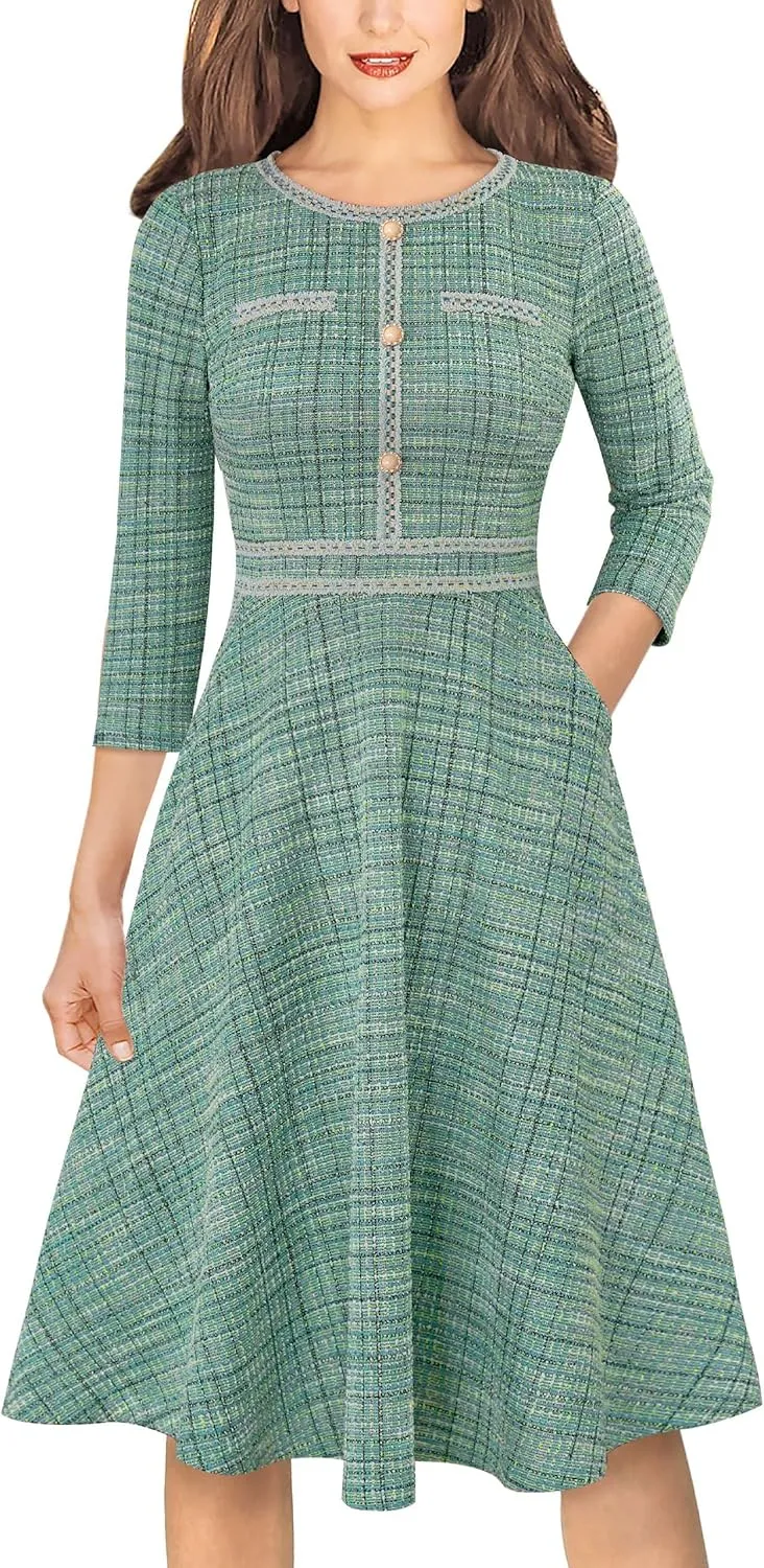 VFSHOW Womens Button Pockets Wear to Work Office Business Vintage Church Fit and Flare A Line Dress