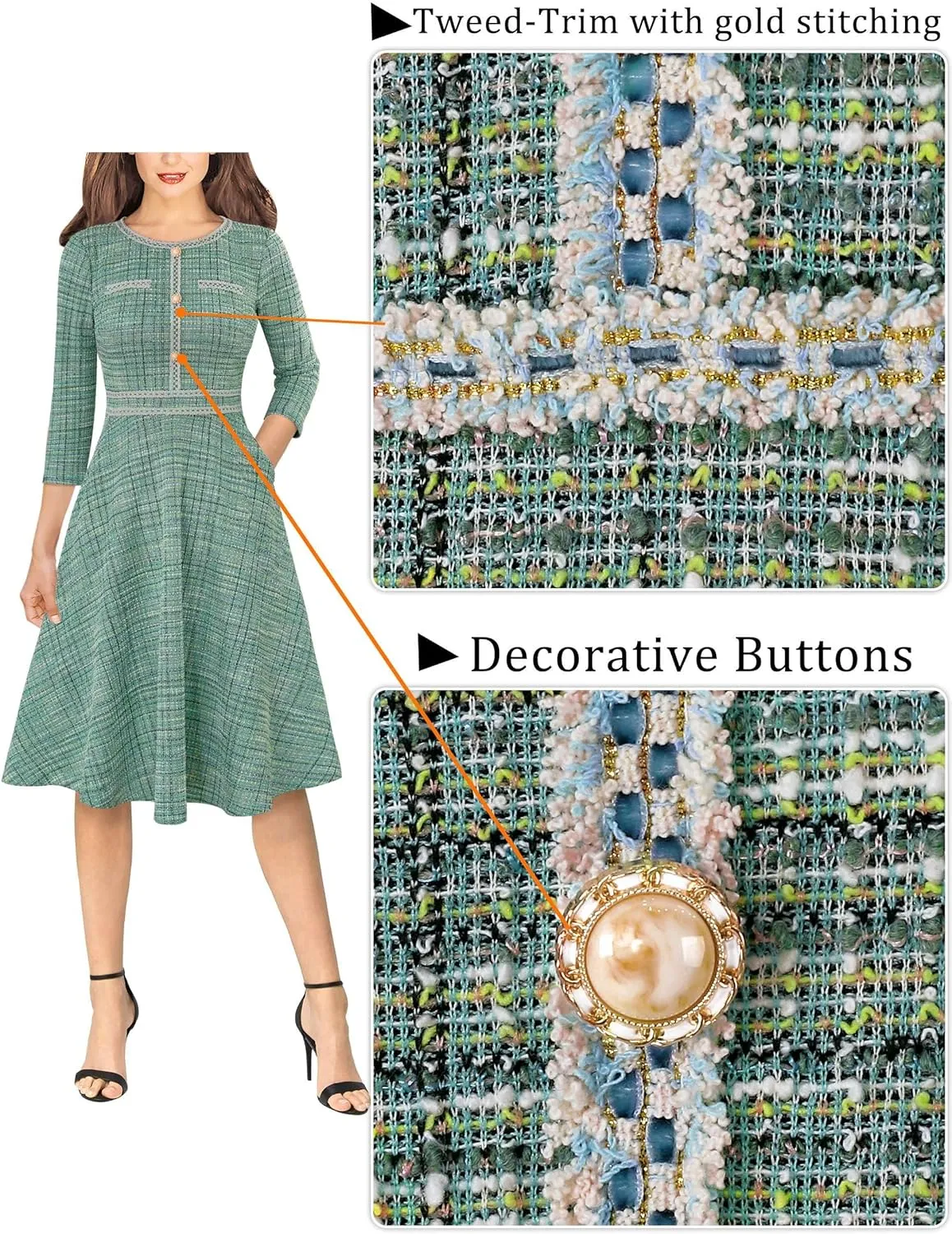 VFSHOW Womens Button Pockets Wear to Work Office Business Vintage Church Fit and Flare A Line Dress