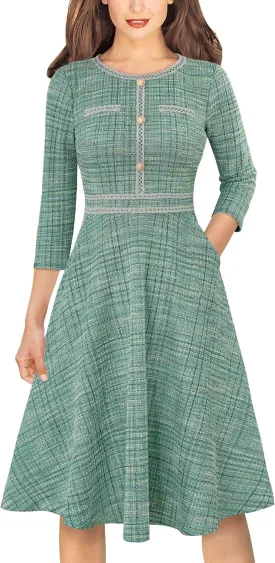 VFSHOW Womens Button Pockets Wear to Work Office Business Vintage Church Fit and Flare A Line Dress