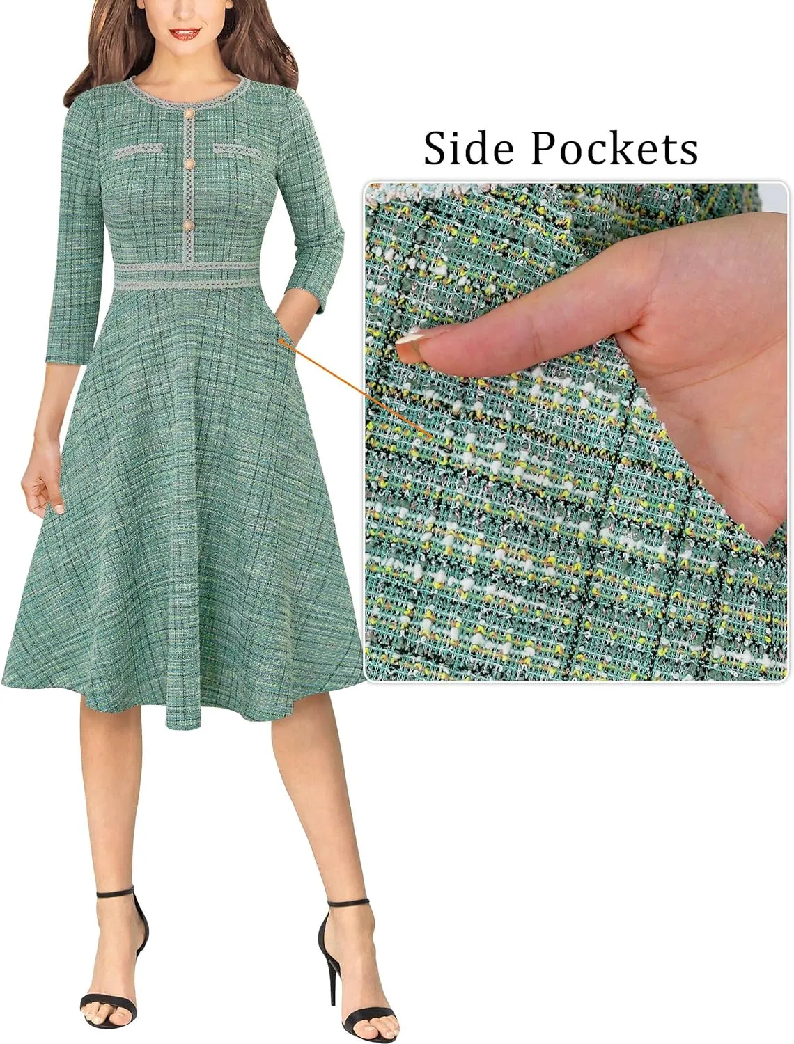 VFSHOW Womens Button Pockets Wear to Work Office Business Vintage Church Fit and Flare A Line Dress