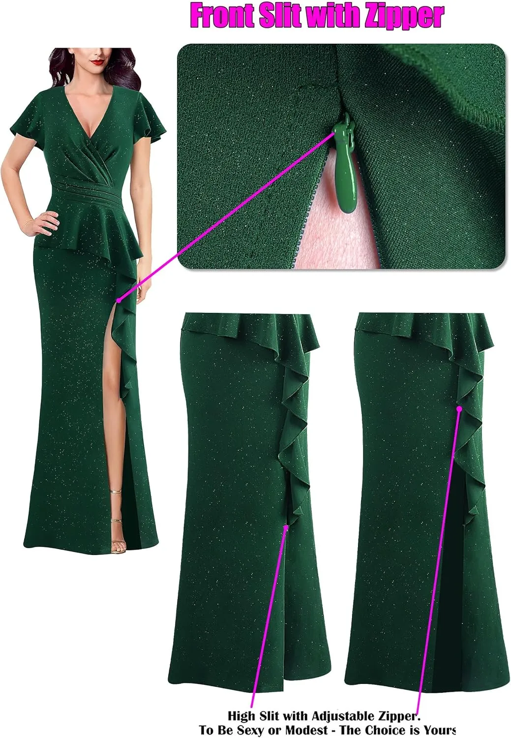 VFSHOW Womens Ruched Wrap V Neck Ruffle Formal Prom Peplum High Slit Maxi Dress 2023 Wedding Guest Cocktail Evening Long Gown