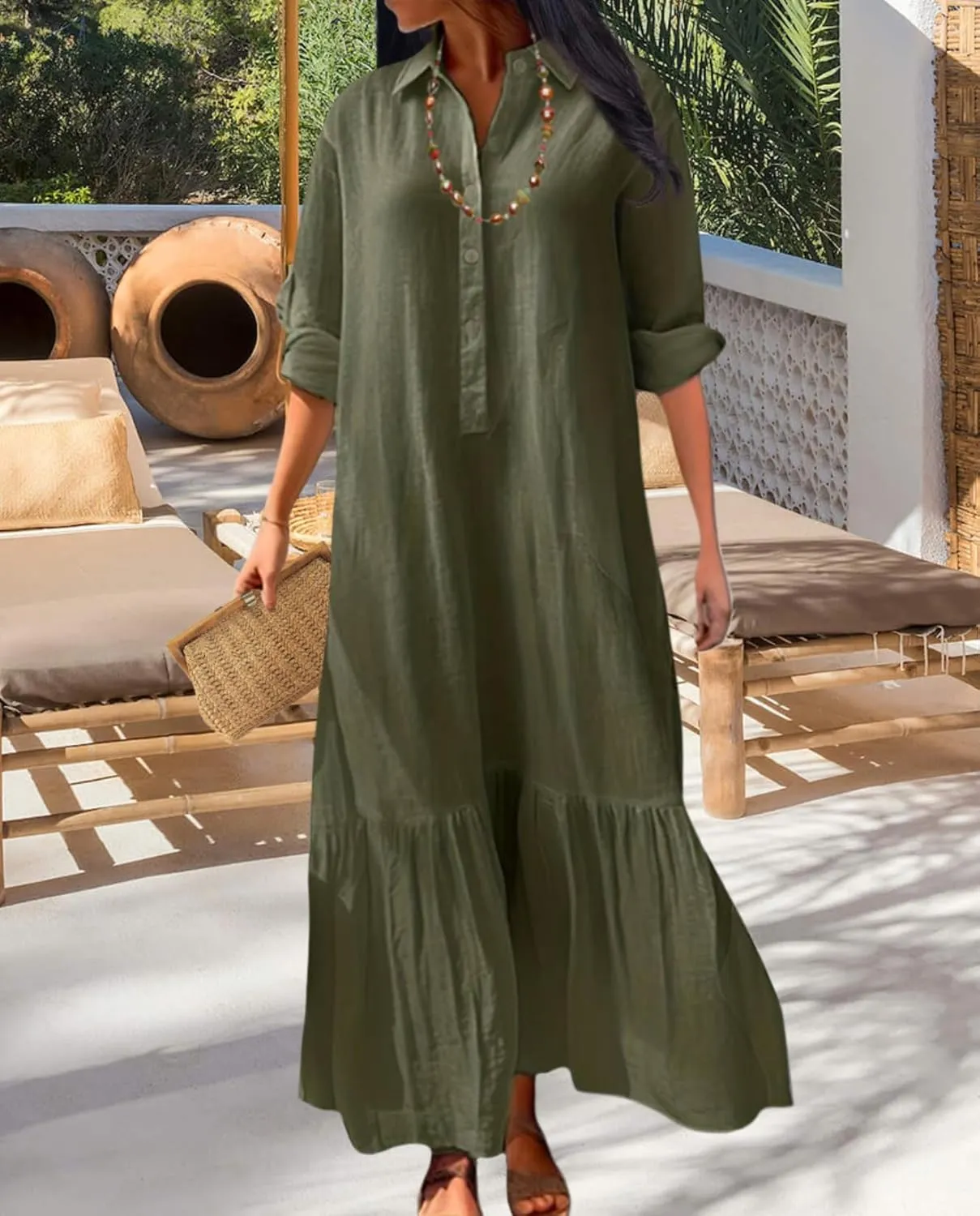 Vintage Button Up Linen Blend Shirt Dress 2025 Spring-Lapel Collar Ruffles Office Weekend Brunch Outfits