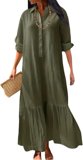 Vintage Button Up Linen Blend Shirt Dress 2025 Spring-Lapel Collar Ruffles Office Weekend Brunch Outfits