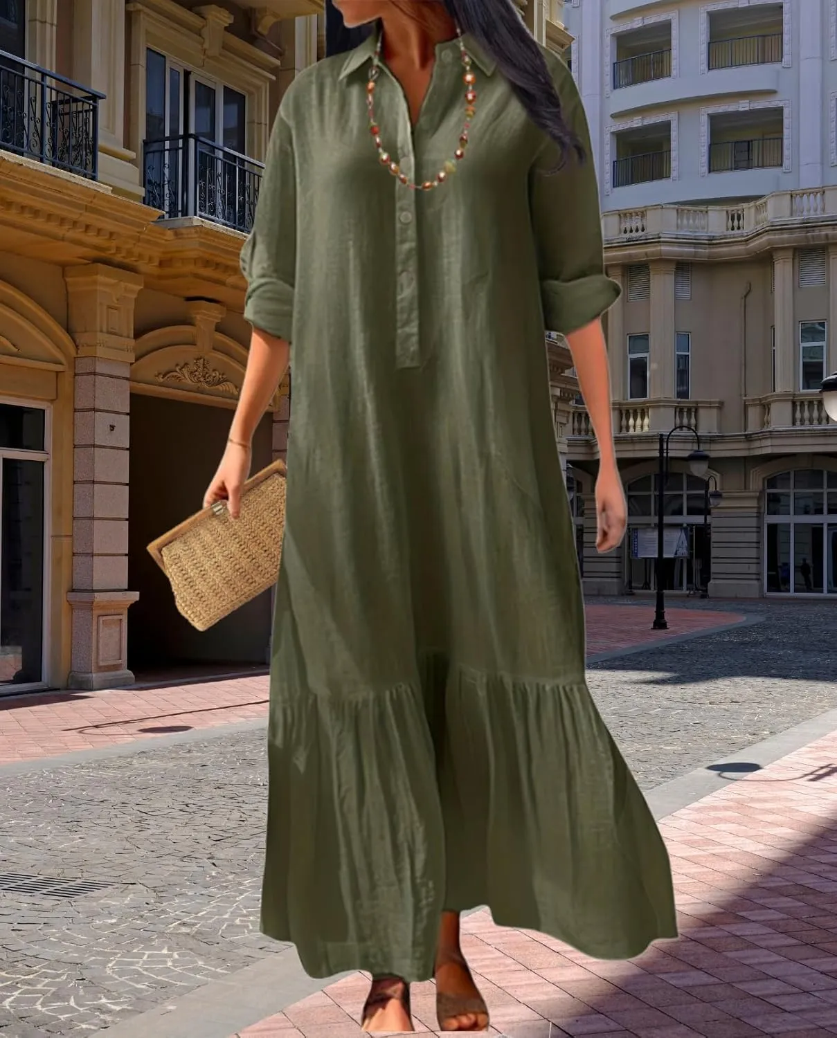 Vintage Button Up Linen Blend Shirt Dress 2025 Spring-Lapel Collar Ruffles Office Weekend Brunch Outfits