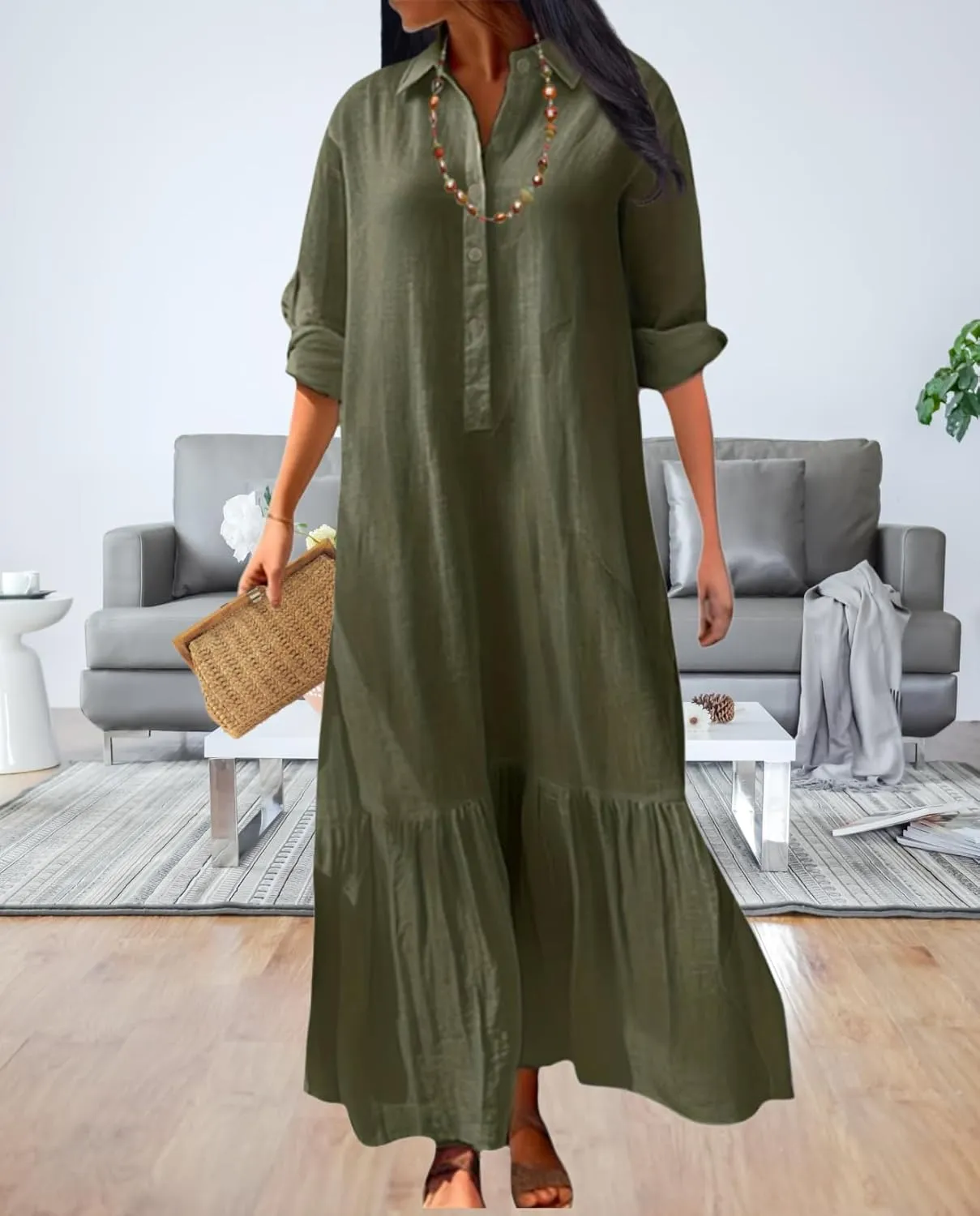 Vintage Button Up Linen Blend Shirt Dress 2025 Spring-Lapel Collar Ruffles Office Weekend Brunch Outfits