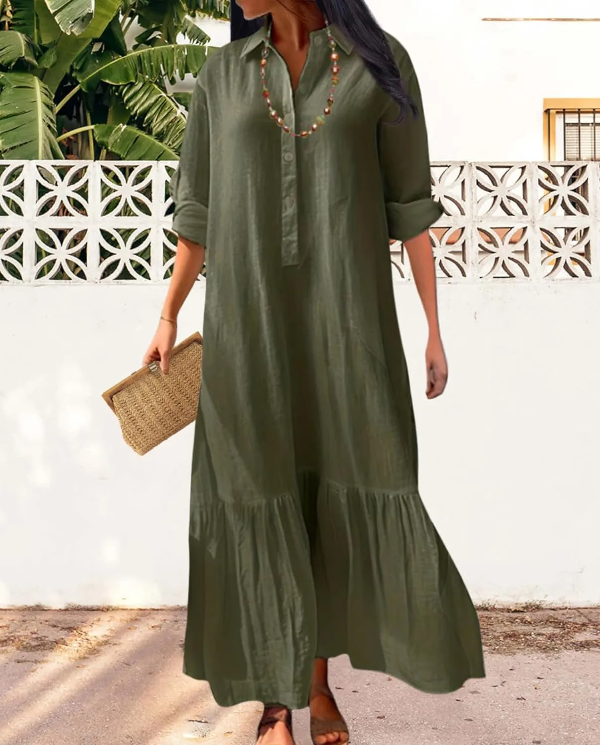Vintage Button Up Linen Blend Shirt Dress 2025 Spring-Lapel Collar Ruffles Office Weekend Brunch Outfits