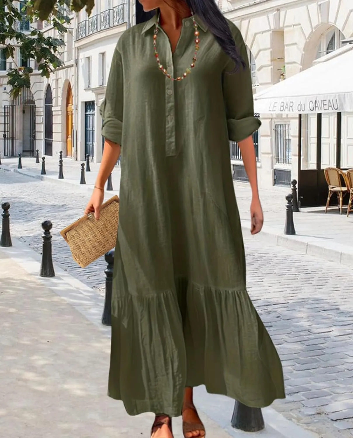 Vintage Button Up Linen Blend Shirt Dress 2025 Spring-Lapel Collar Ruffles Office Weekend Brunch Outfits