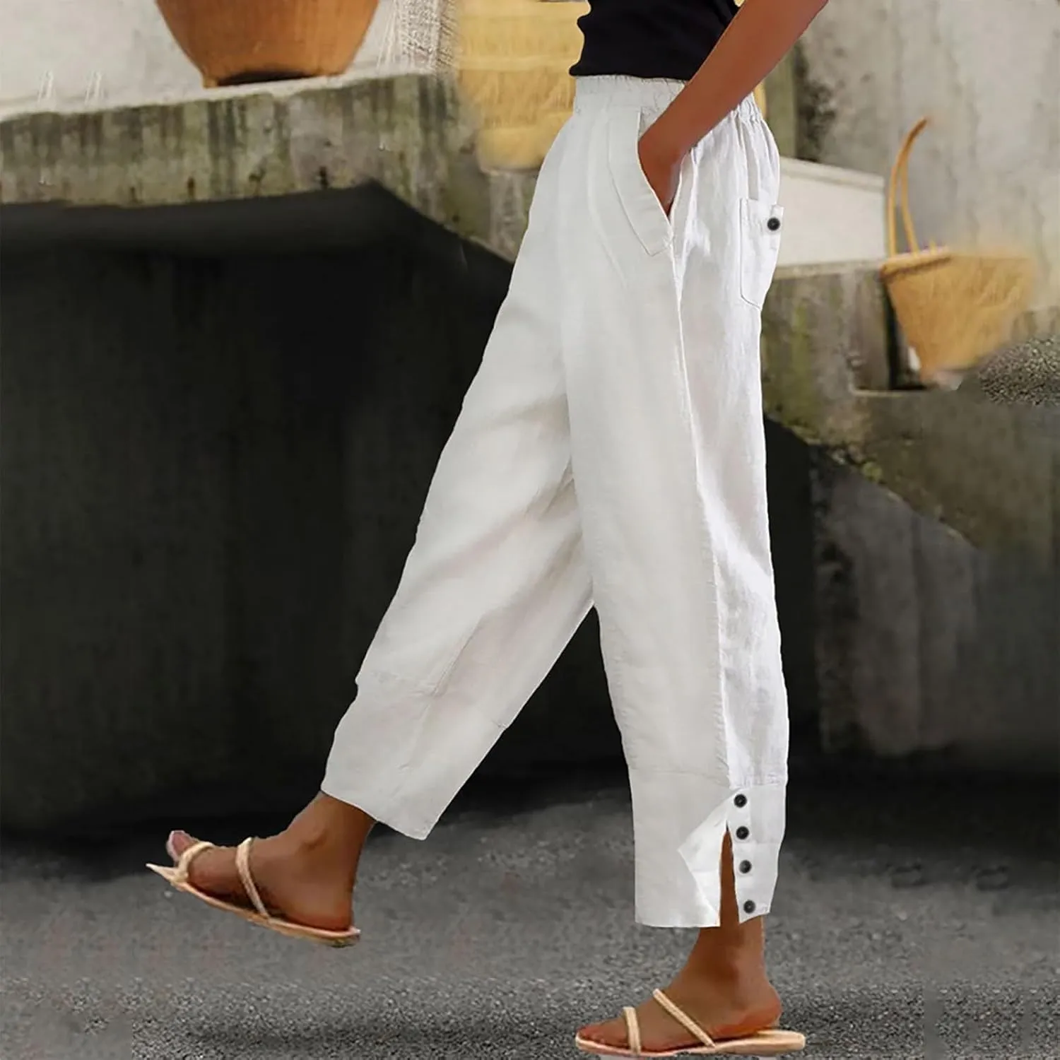 Wide Leg Pants Woman High Waist Elastic Straight Leg Gauze Pants Casual Loose Beach Long Trousers Cropped Pants