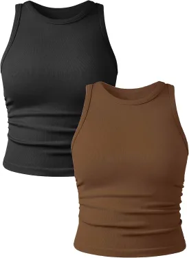 Women's 2 Pieces Basic Seamless Tank Tops Sleeveless Crew Neck Workout Exercise Crop Camis