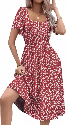 Womens Casual Floral Spring Dresses with Pockets Square Neck Knee Length Milkmaid Summer Sundresses for Women 2025