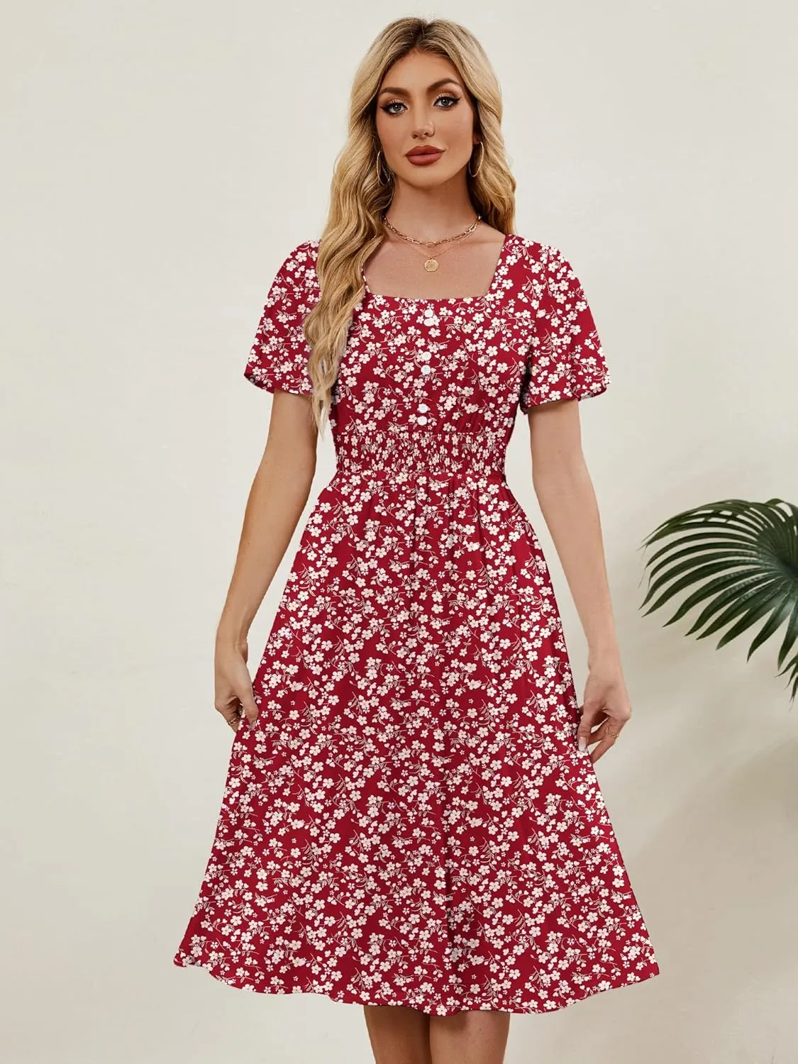 Womens Casual Floral Spring Dresses with Pockets Square Neck Knee Length Milkmaid Summer Sundresses for Women 2025