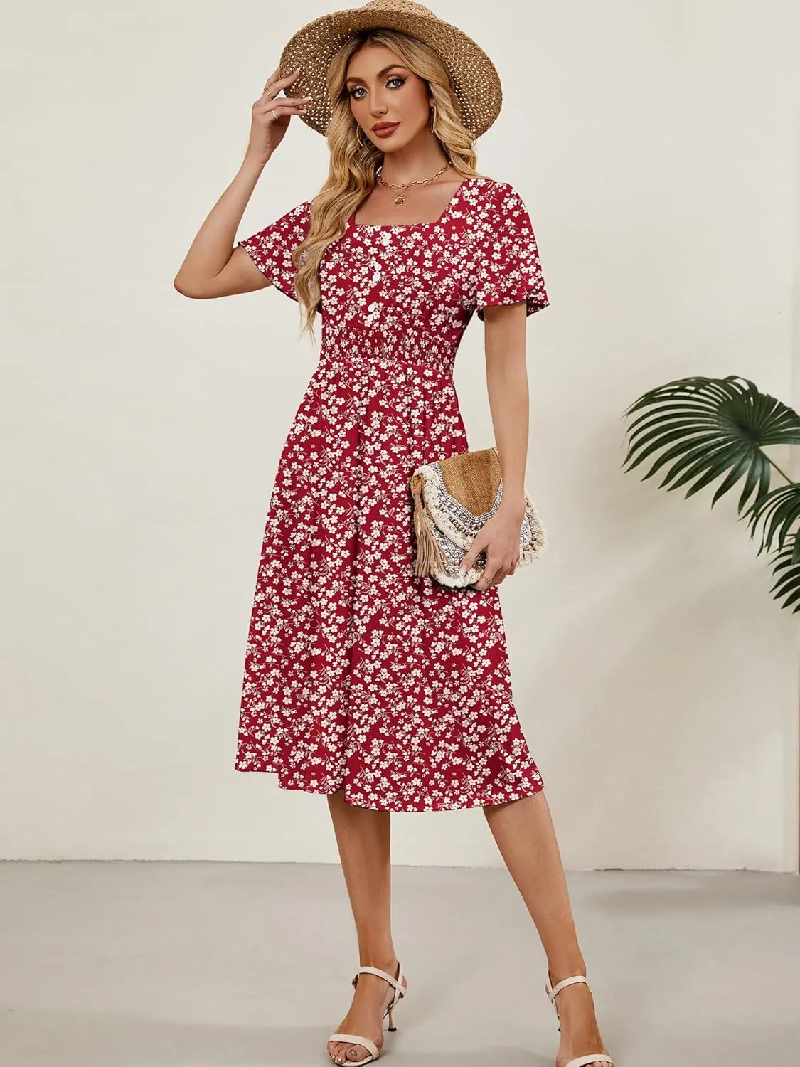 Womens Casual Floral Spring Dresses with Pockets Square Neck Knee Length Milkmaid Summer Sundresses for Women 2025