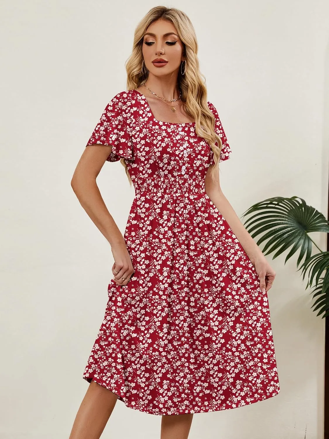 Womens Casual Floral Spring Dresses with Pockets Square Neck Knee Length Milkmaid Summer Sundresses for Women 2025