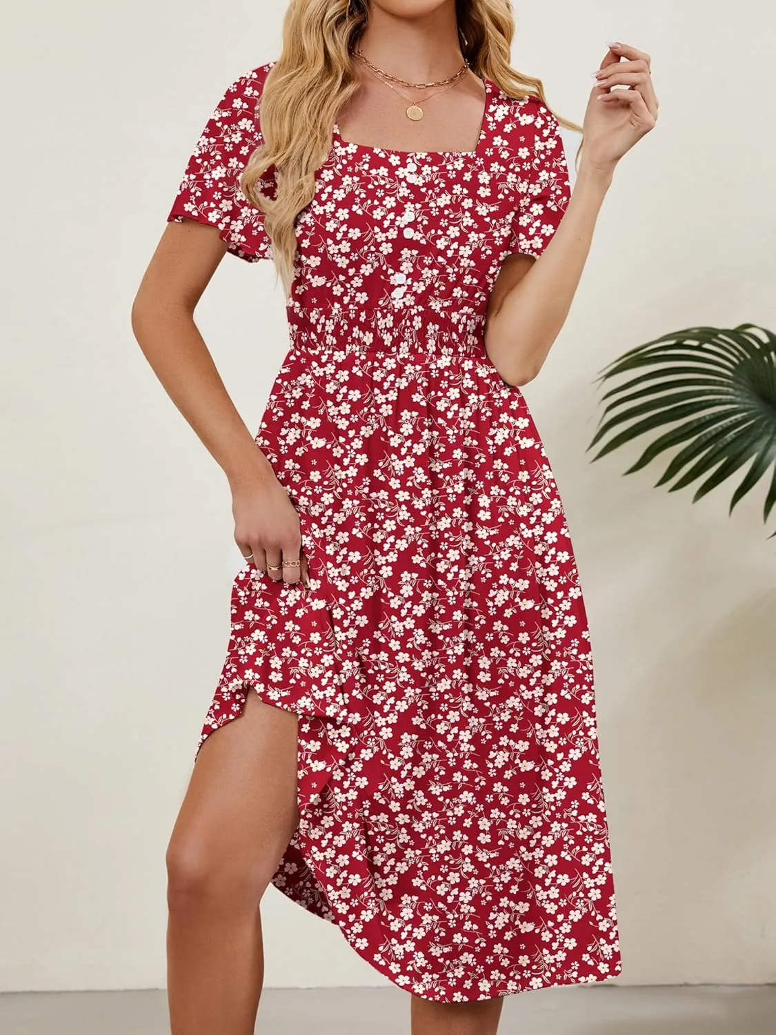Womens Casual Floral Spring Dresses with Pockets Square Neck Knee Length Milkmaid Summer Sundresses for Women 2025