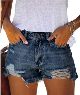 Women's Denim Shorts Casual Frayed Hem Ripped Summer Denim Jean Shorts Hot Short Pants with Pockets