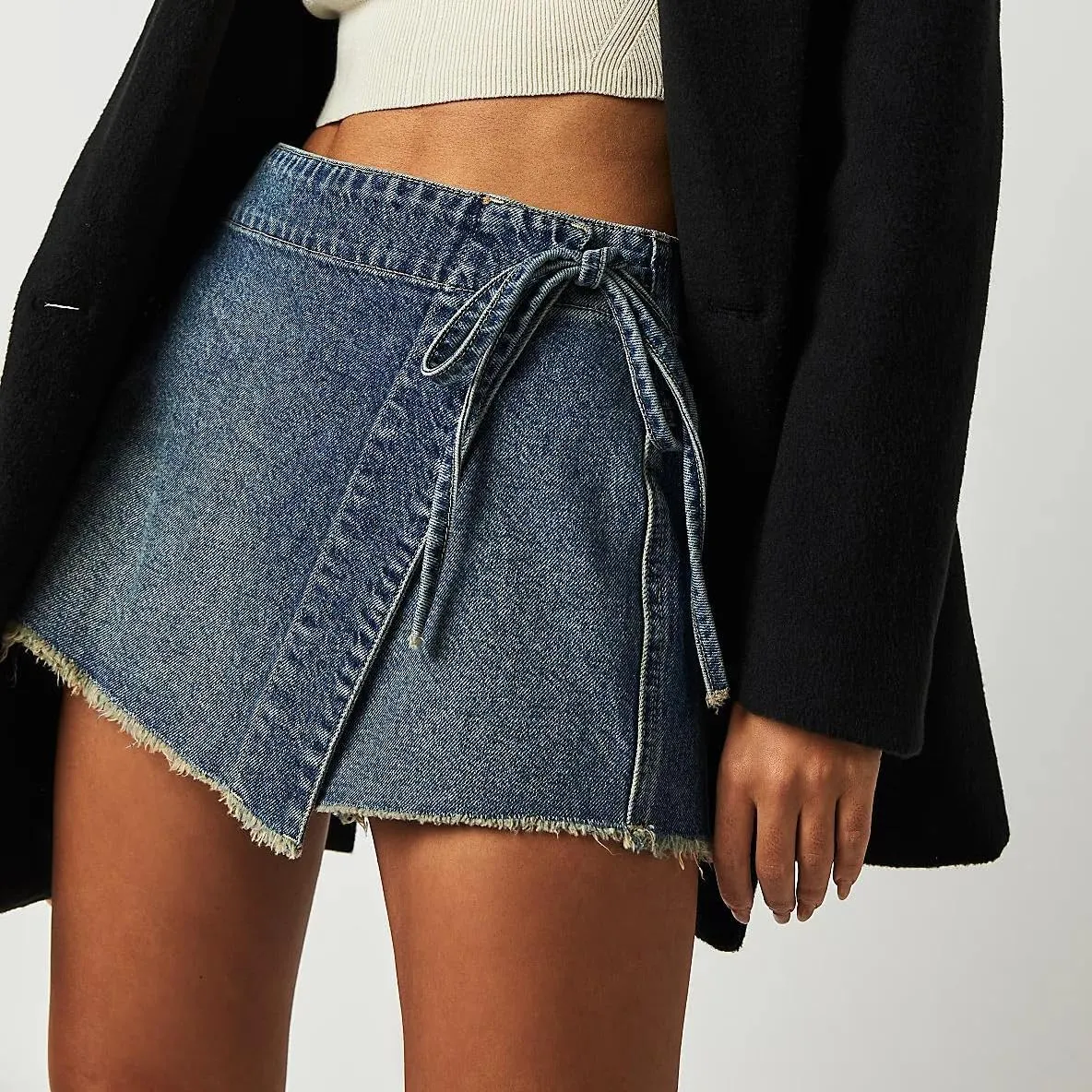 Womens Denim Shorts Skorts Y2k Side Tie-up Bow High Waist Asymmetrical Frayed Hem Denim Shorts Wrap Jean Mini Skirt