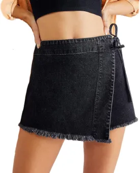 Womens Denim Shorts Skorts Y2k Side Tie-up Bow High Waist Asymmetrical Frayed Hem Denim Shorts Wrap Jean Mini Skirt