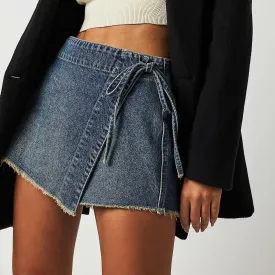 Womens Denim Shorts Skorts Y2k Side Tie-up Bow High Waist Asymmetrical Frayed Hem Denim Shorts Wrap Jean Mini Skirt