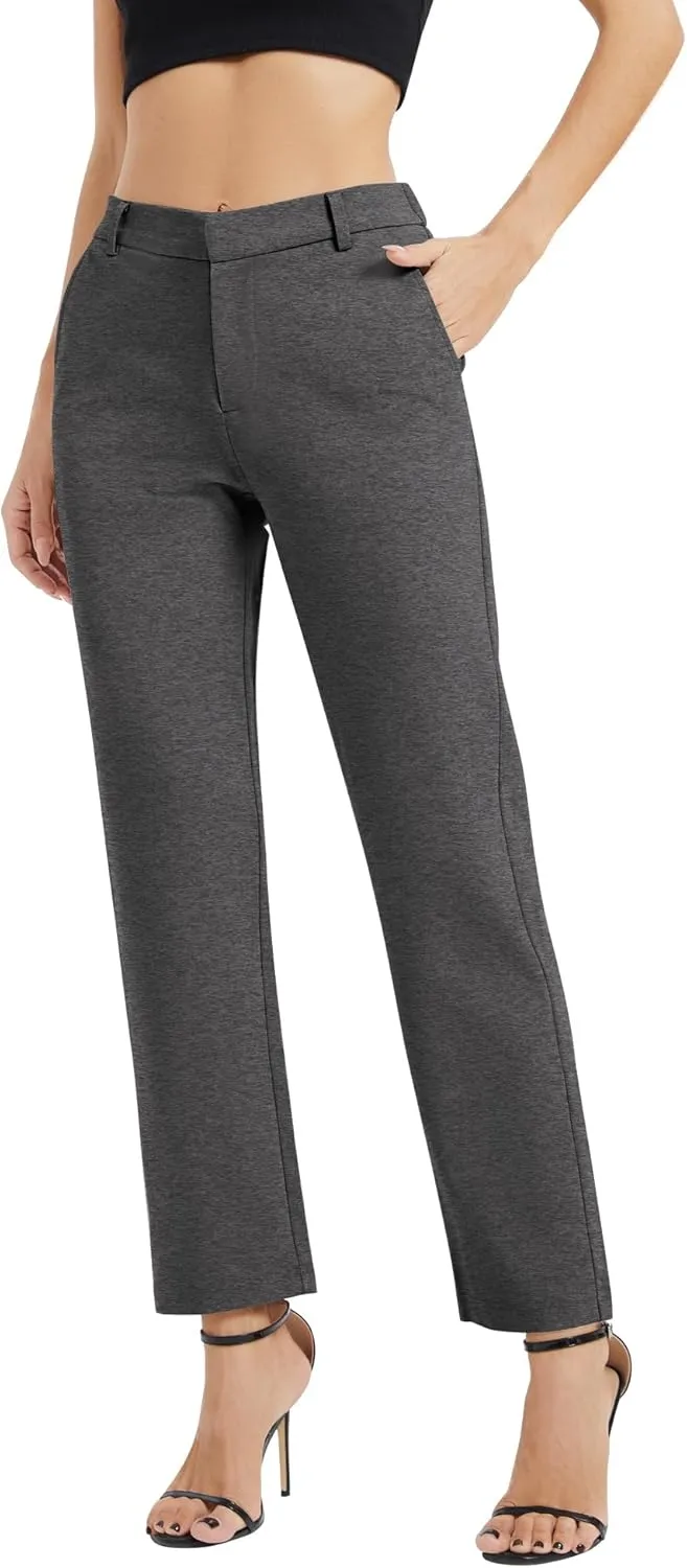 Women's Elastic Waisted Pants Business Work Casual Straight Leg Slacks with Pockets