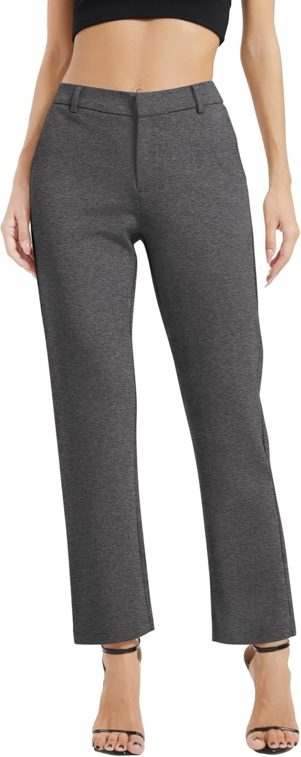 Women's Elastic Waisted Pants Business Work Casual Straight Leg Slacks with Pockets