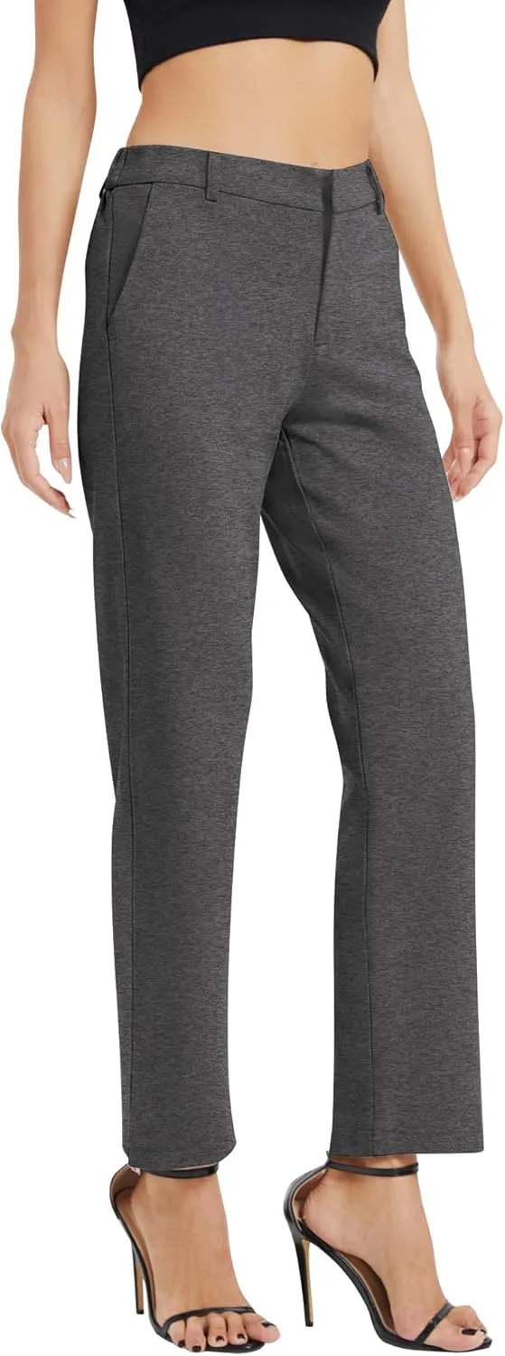 Women's Elastic Waisted Pants Business Work Casual Straight Leg Slacks with Pockets