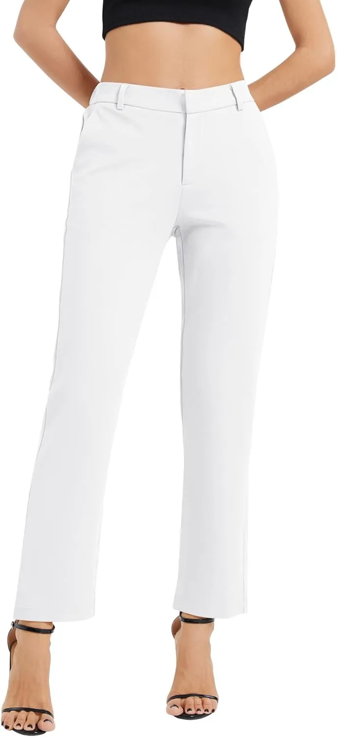 Women's Elastic Waisted Pants Business Work Casual Straight Leg Slacks with Pockets