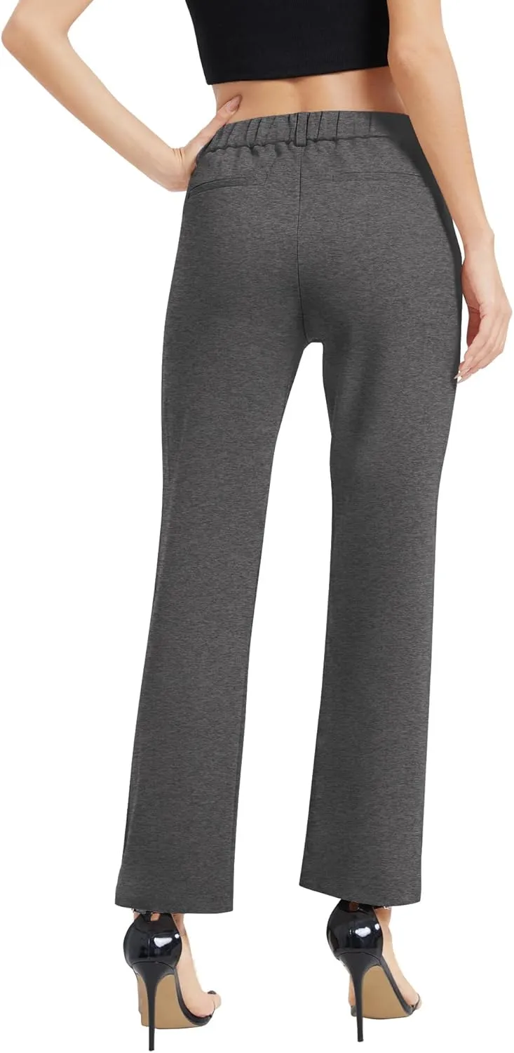 Women's Elastic Waisted Pants Business Work Casual Straight Leg Slacks with Pockets