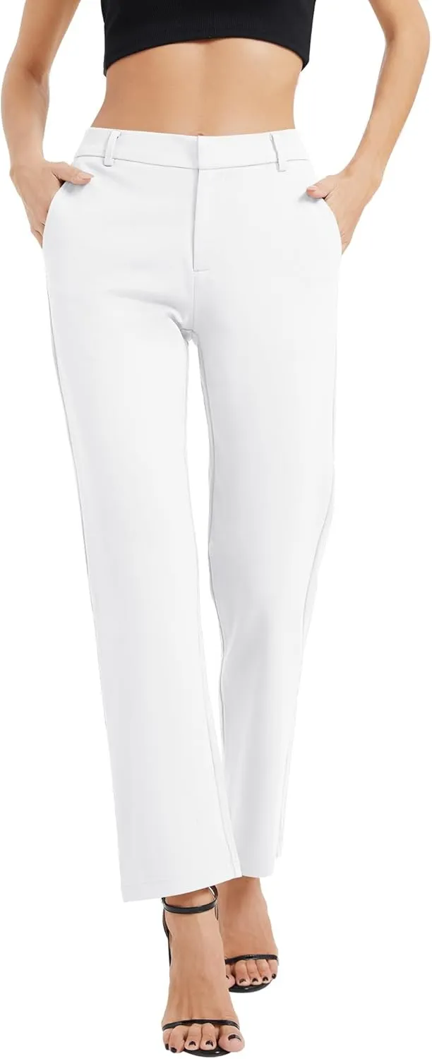 Women's Elastic Waisted Pants Business Work Casual Straight Leg Slacks with Pockets