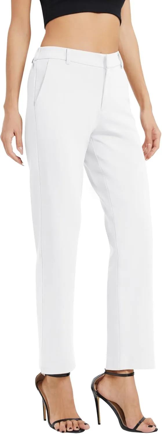 Women's Elastic Waisted Pants Business Work Casual Straight Leg Slacks with Pockets