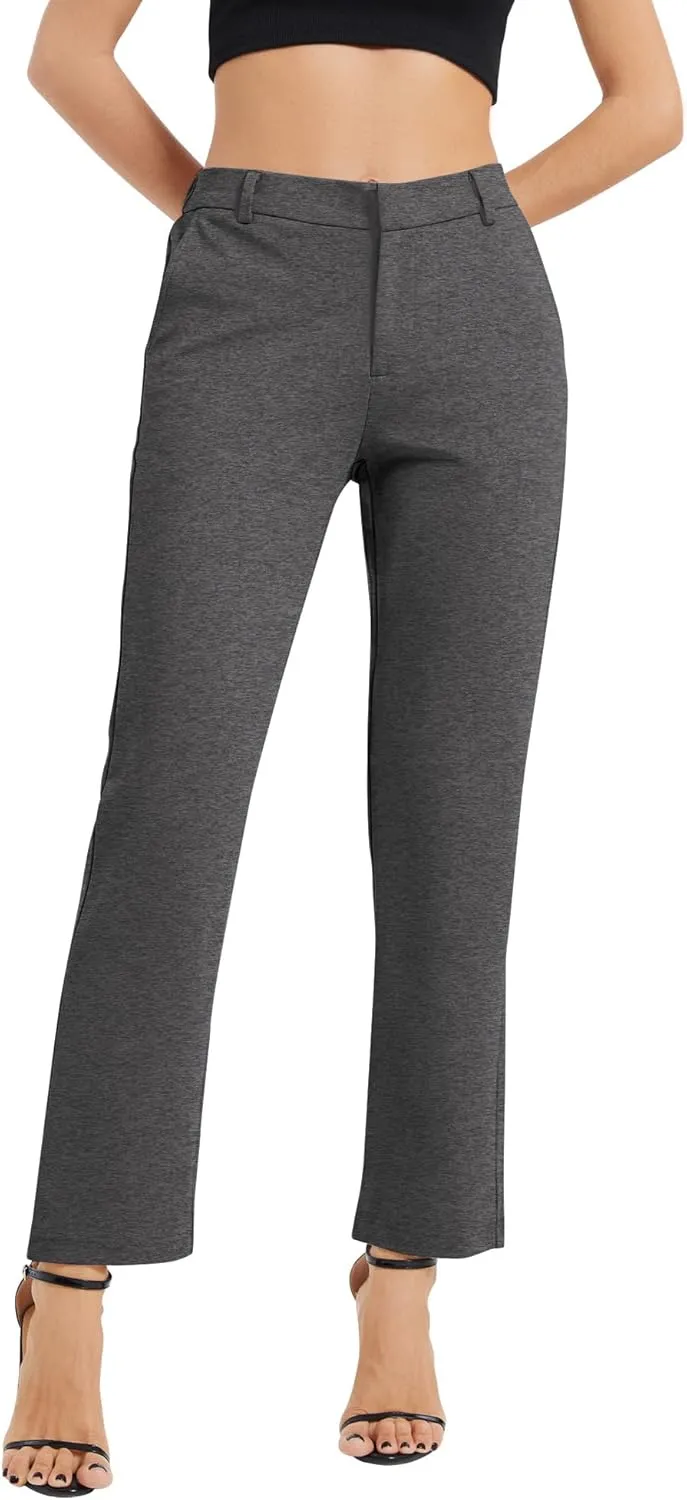 Women's Elastic Waisted Pants Business Work Casual Straight Leg Slacks with Pockets