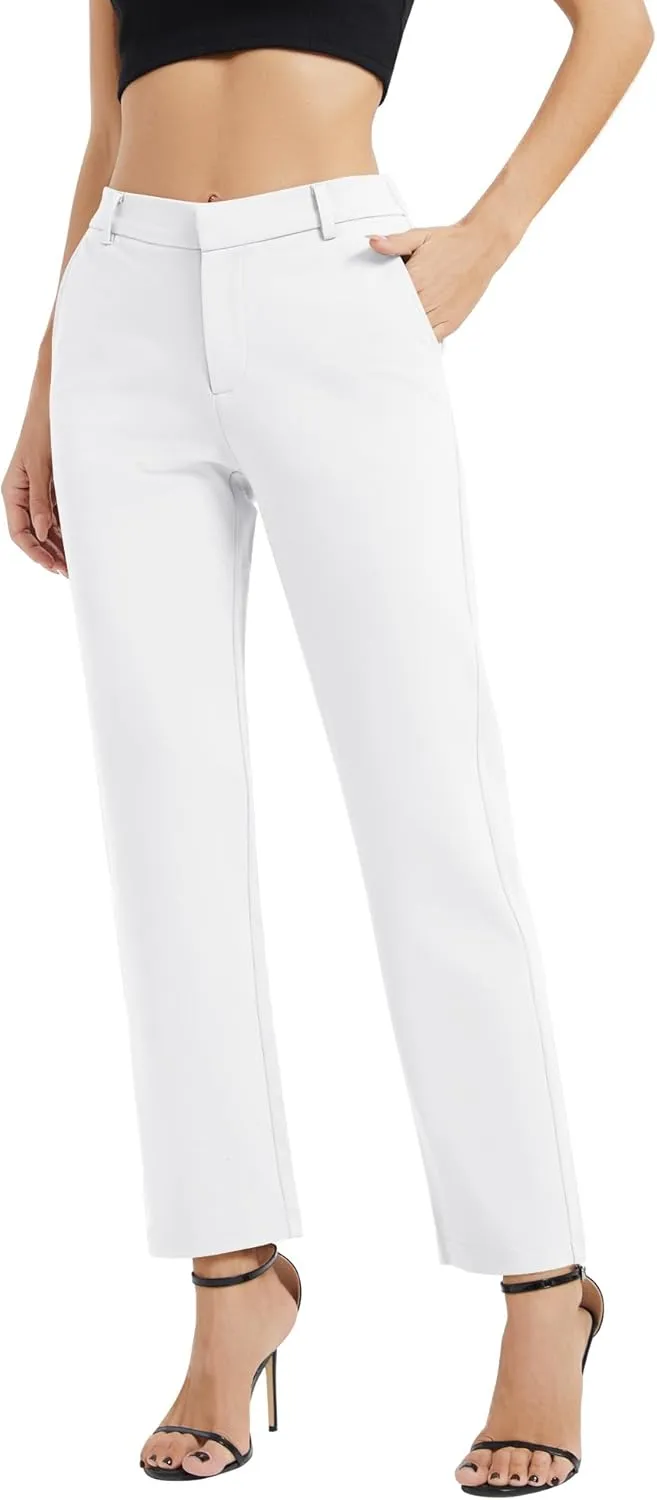 Women's Elastic Waisted Pants Business Work Casual Straight Leg Slacks with Pockets