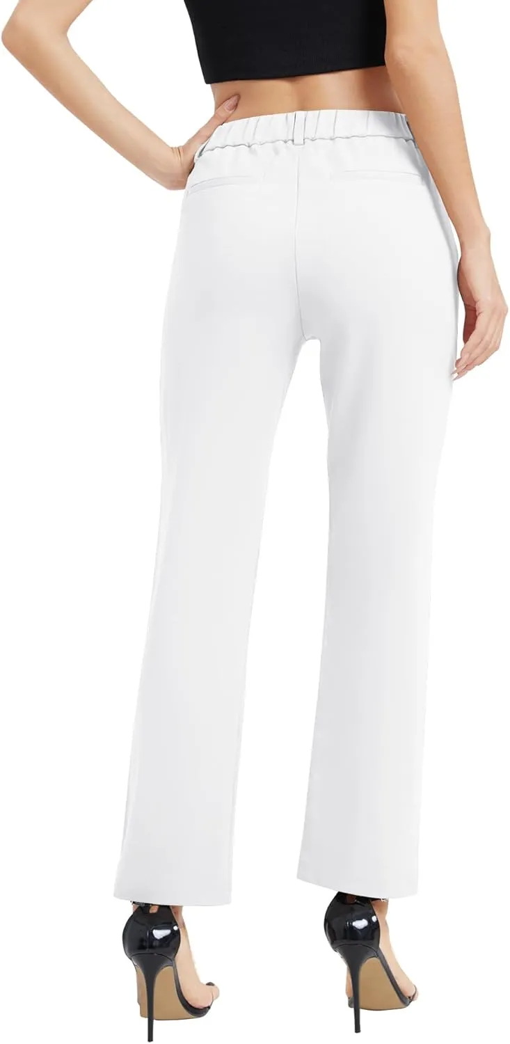 Women's Elastic Waisted Pants Business Work Casual Straight Leg Slacks with Pockets