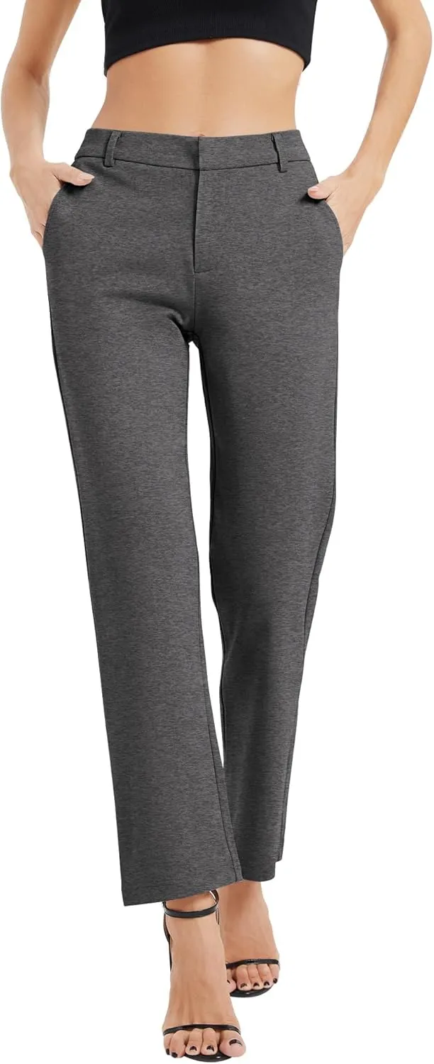 Women's Elastic Waisted Pants Business Work Casual Straight Leg Slacks with Pockets