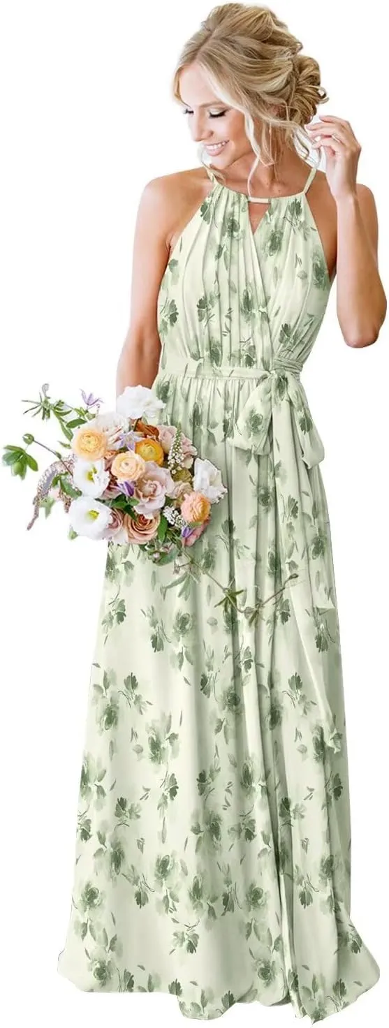 Women's Halter Pleated Chiffon Long Bridesmaid Dresses with Pockets Formal Dresses Evening Party Gown
